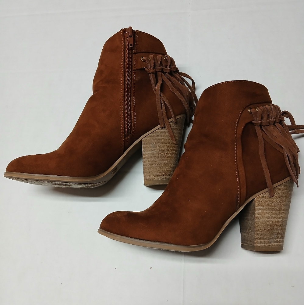 Carlos Santana Twilight Brown Leather Fringe Boots Booties Block Heel Sz W 7.5